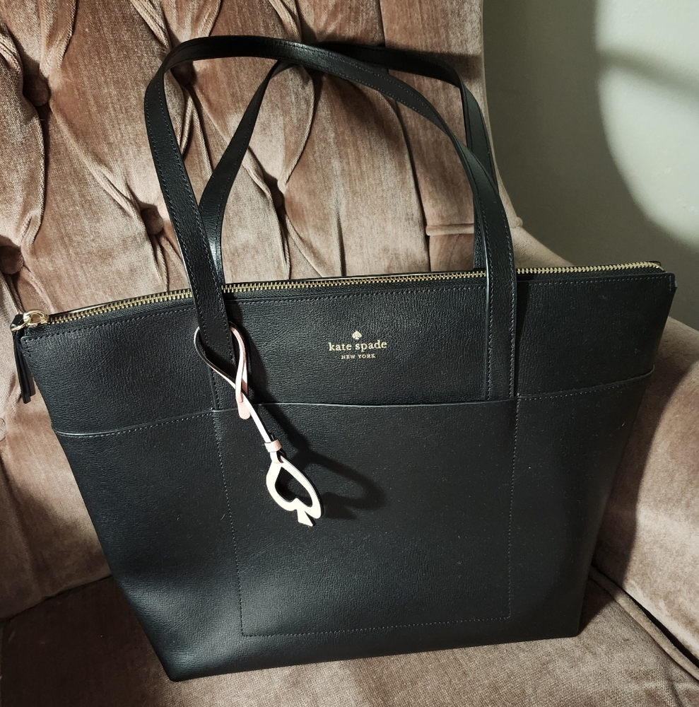 kate spade black leather Patrice tote with pink spade purse charm